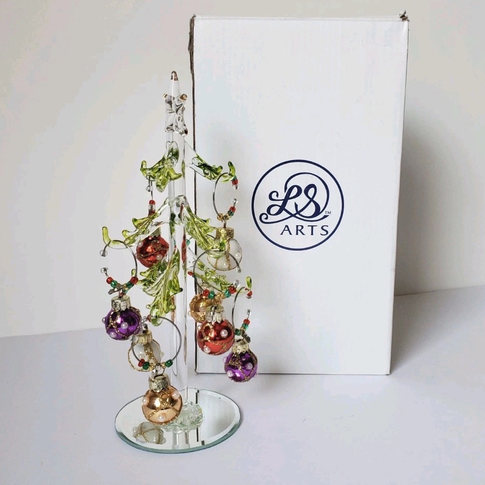LS Arts Glass Christmas Tree With 12 Pearl Ornaments Wine Charms Mirror Base Box